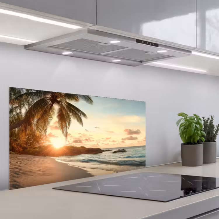 Strand - Palmbomen - Oceaan - Zonsondergang keuken achterwand spatscherm middel -3d_schuin
