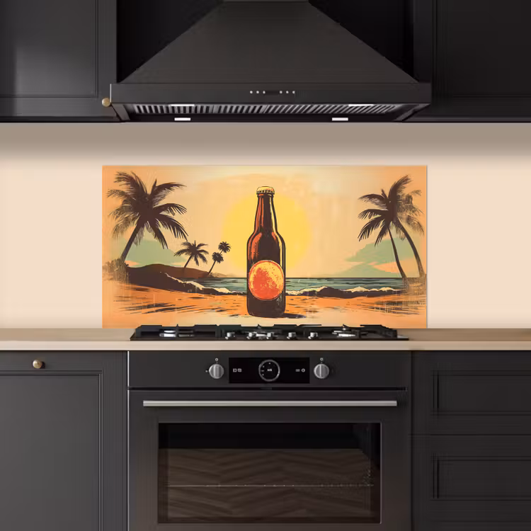 Bierfles - Zonsondergang - Palmbomen - Zee keuken achterwand spatscherm middel -sfeer1