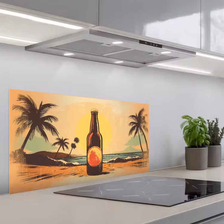 Bierfles - Zonsondergang - Palmbomen - Zee keuken achterwand spatscherm middel -3d_schuin