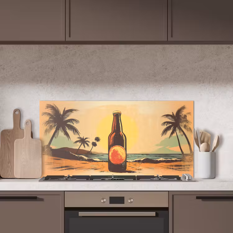 Bierfles - Zonsondergang - Palmbomen - Zee keuken achterwand spatscherm middel -sfeer2