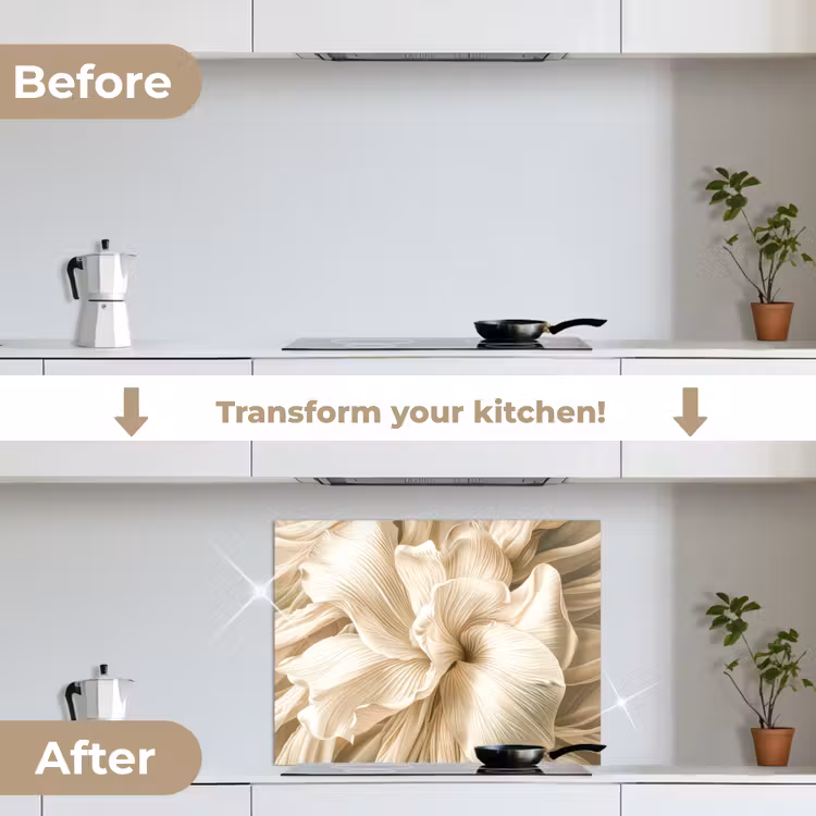 Beige - Bloem - Patroon keuken achterwand spatscherm middel -voor_na_EN