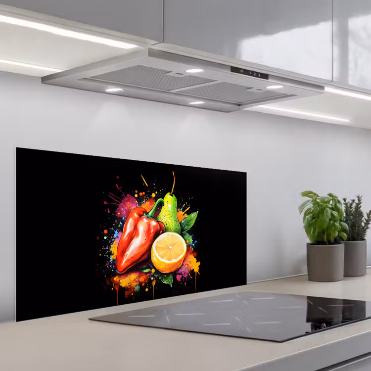 Paprika - Peer - Citroen - Graffiti - Verf - Abstract keuken achterwand spatscherm middel -3d_schuin