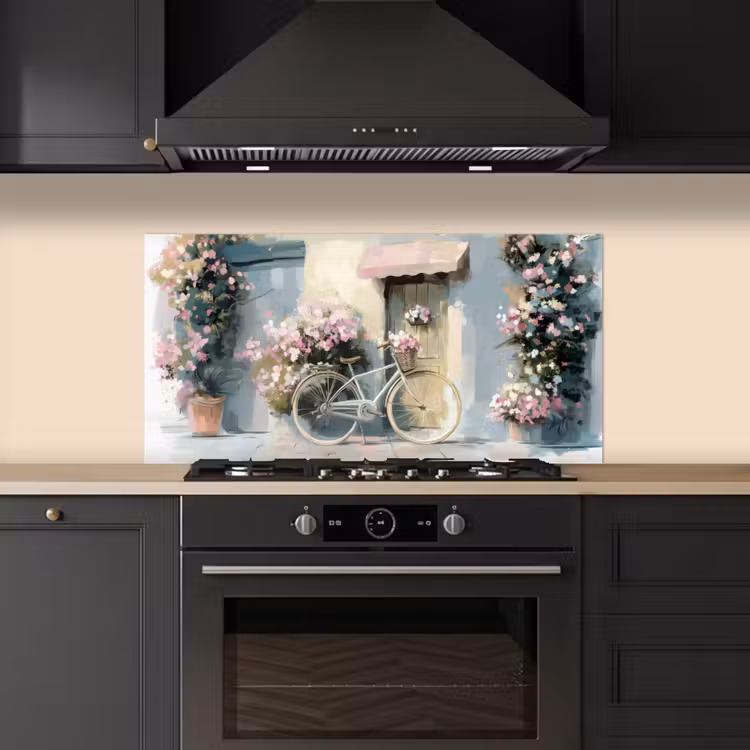 Fiets - Pastelkleuren - Bloemen keuken achterwand spatscherm middel -sfeer1