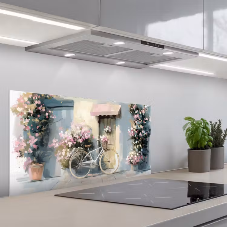 Fiets - Pastelkleuren - Bloemen keuken achterwand spatscherm middel -3d_schuin
