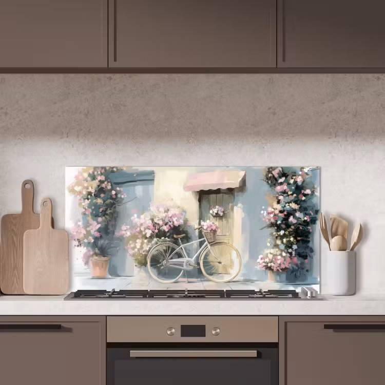 Fiets - Pastelkleuren - Bloemen keuken achterwand spatscherm middel -sfeer2