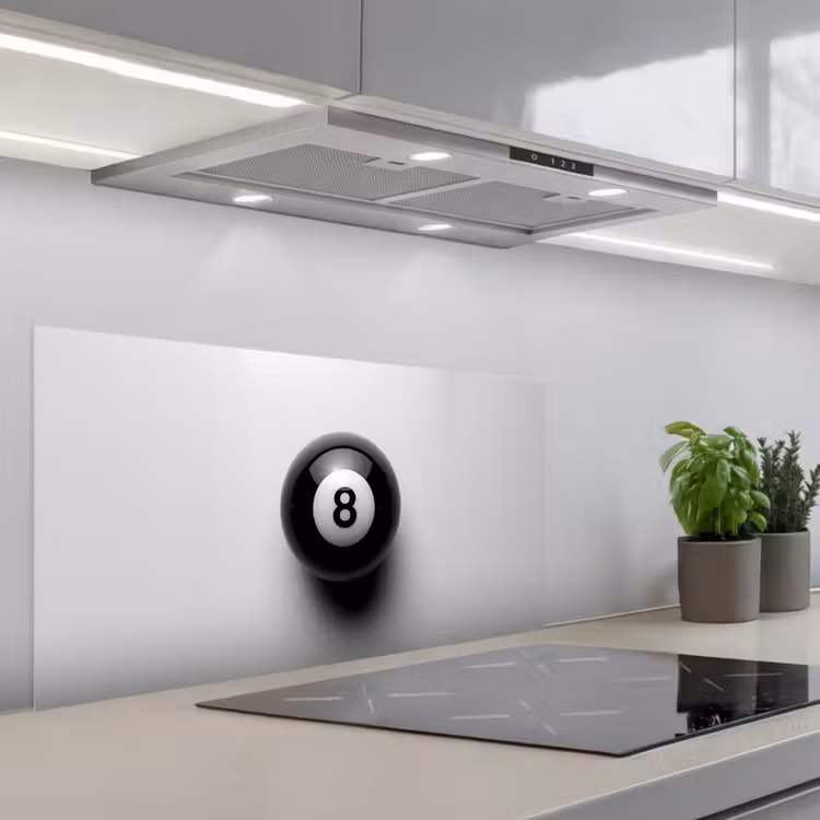 Biljartbal - Getal - Acht - Wit keuken achterwand spatscherm middel -3d_schuin