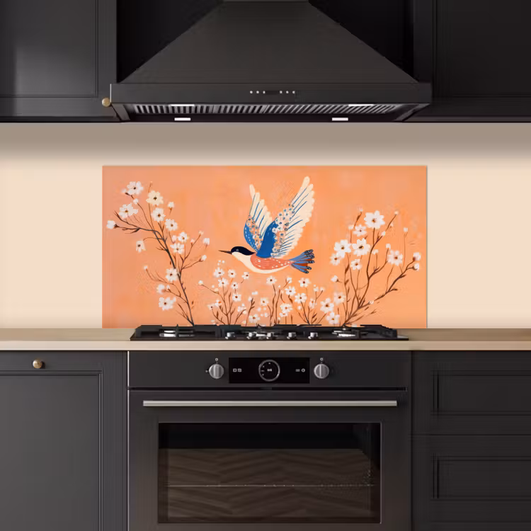 Vogel - Bloesemtakken - Warm - Kleurrijk keuken achterwand spatscherm middel -sfeer1