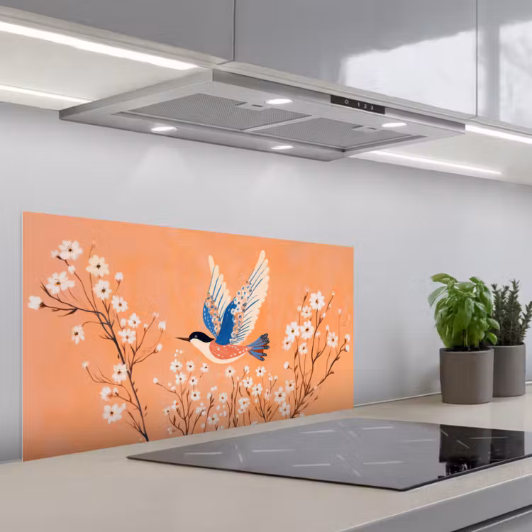 Vogel - Bloesemtakken - Warm - Kleurrijk keuken achterwand spatscherm middel -3d_schuin