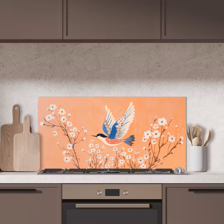 Vogel - Bloesemtakken - Warm - Kleurrijk keuken achterwand spatscherm middel -sfeer2