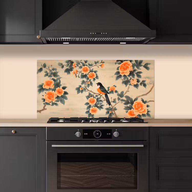 Vogel - Tak - Bloemen - Oranje keuken achterwand spatscherm middel -sfeer1