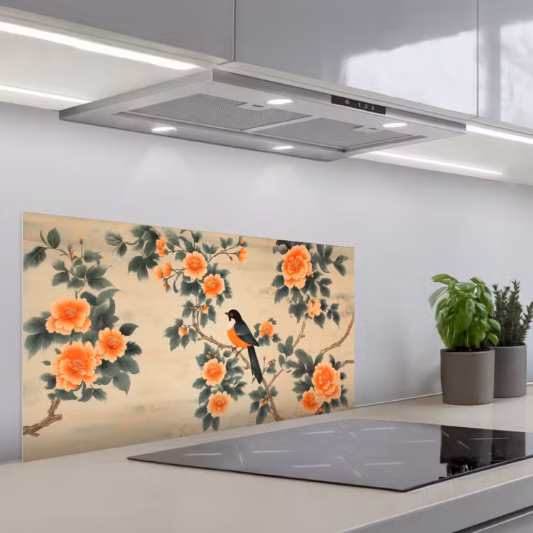 Vogel - Tak - Bloemen - Oranje keuken achterwand spatscherm middel -3d_schuin