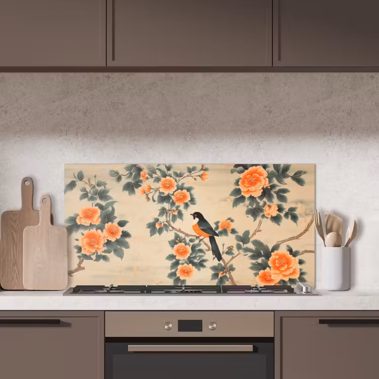 Vogel - Tak - Bloemen - Oranje keuken achterwand spatscherm middel -sfeer2