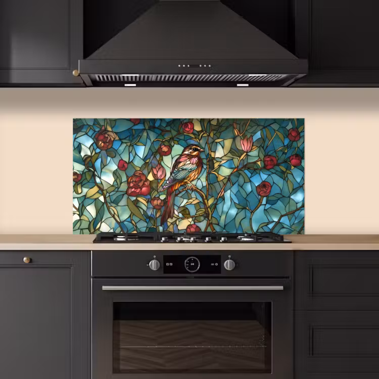 Vogel - Tak - Rozen - Mozaïek keuken achterwand spatscherm middel -sfeer1