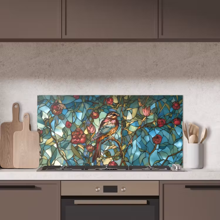 Vogel - Tak - Rozen - Mozaïek keuken achterwand spatscherm middel -sfeer2