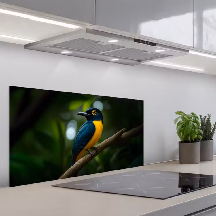Vogel - Tak - Geel - Bladeren keuken achterwand spatscherm middel -3d_schuin