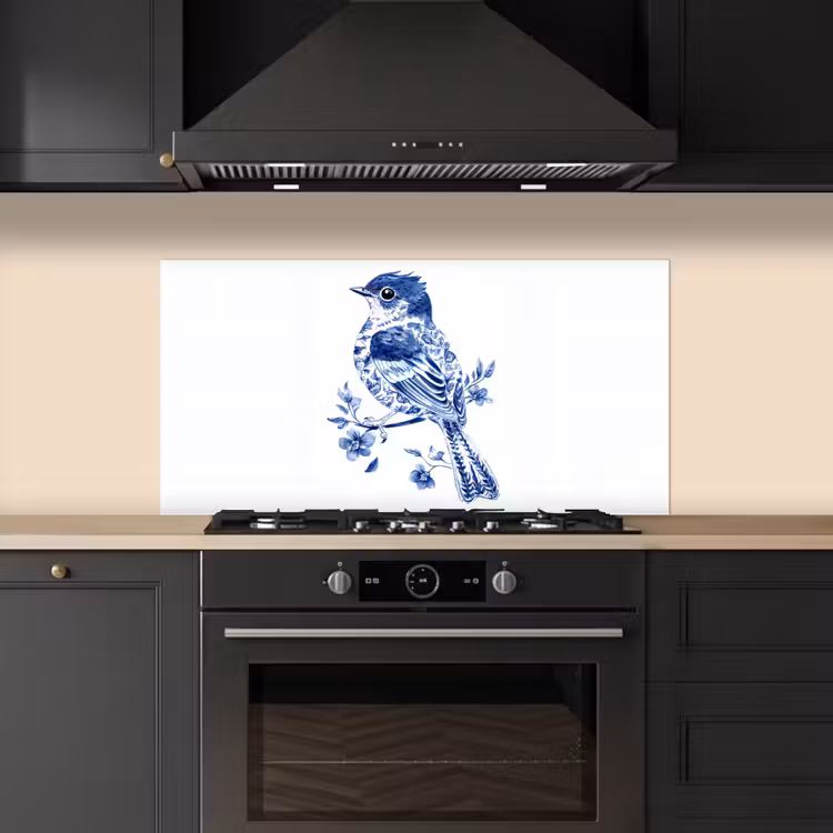 Vogel - Delfts blauw - Illustratie - Bloemen keuken achterwand spatscherm middel -sfeer1