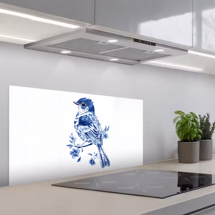 Vogel - Delfts blauw - Illustratie - Bloemen keuken achterwand spatscherm middel -3d_schuin
