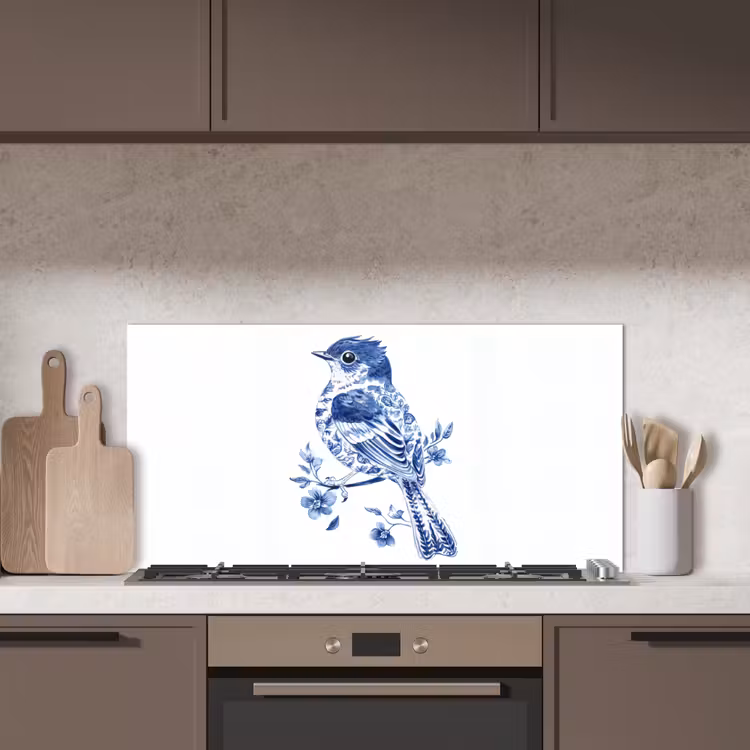 Vogel - Delfts blauw - Illustratie - Bloemen keuken achterwand spatscherm middel -sfeer2