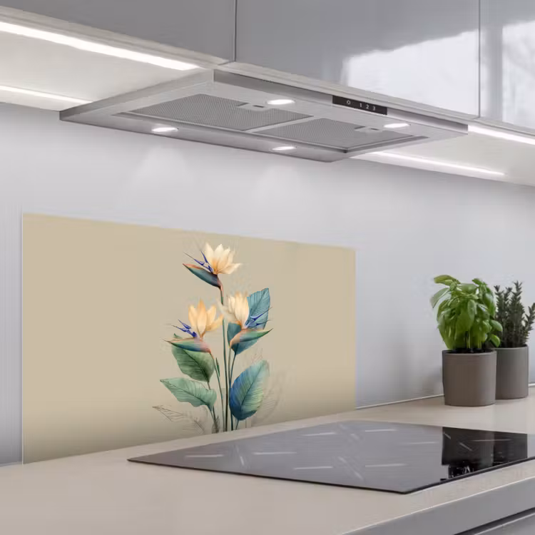 Paradijsvogelbloemen - Blauwgroene bladeren - Beige keuken achterwand spatscherm middel -3d_schuin