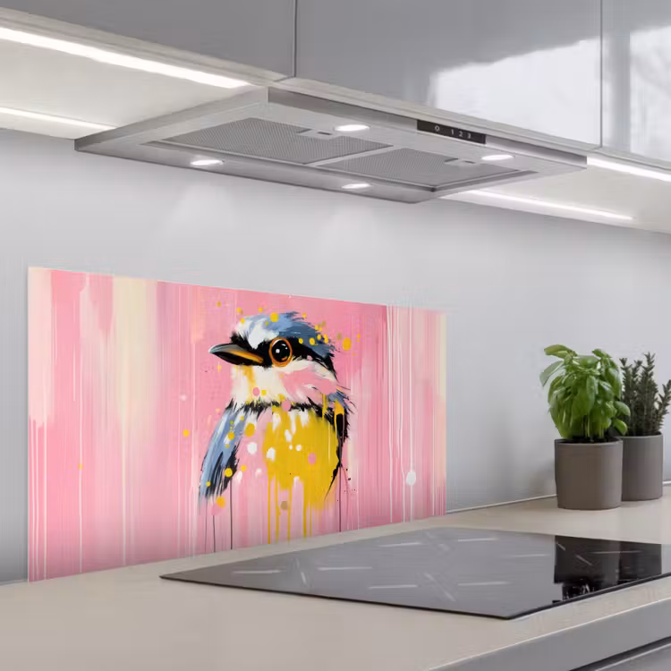 Vogel - Roze - Geel - Blauw keuken achterwand spatscherm middel -3d_schuin