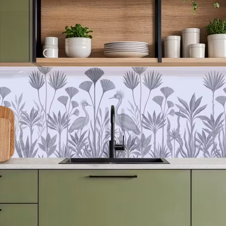 Vogel - Tropisch - Illustratie - Blauwgrijs - Natuur keuken achterwand 2 middel -sfeer3