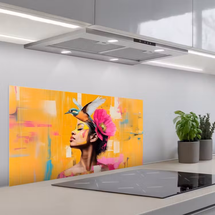 Vogel - Vrouw - Abstract - Bloem keuken achterwand spatscherm middel -3d_schuin