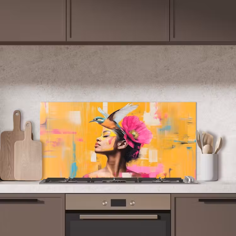 Vogel - Vrouw - Abstract - Bloem keuken achterwand spatscherm middel -sfeer2