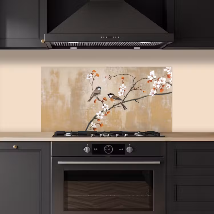 Vogels - Bloesemtak - Bloemen - Oranje keuken achterwand spatscherm middel -sfeer1
