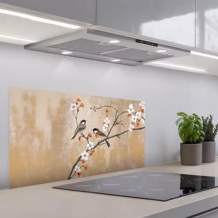 Vogels - Bloesemtak - Bloemen - Oranje keuken achterwand spatscherm middel -3d_schuin