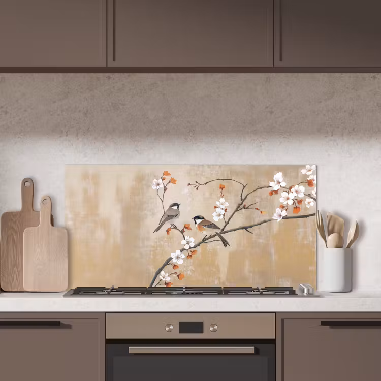 Vogels - Bloesemtak - Bloemen - Oranje keuken achterwand spatscherm middel -sfeer2