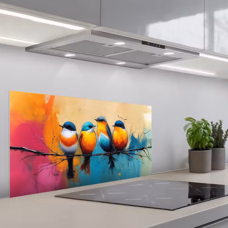 Vogels - Kleurrijk - Tak - Abstract keuken achterwand spatscherm middel -3d_schuin