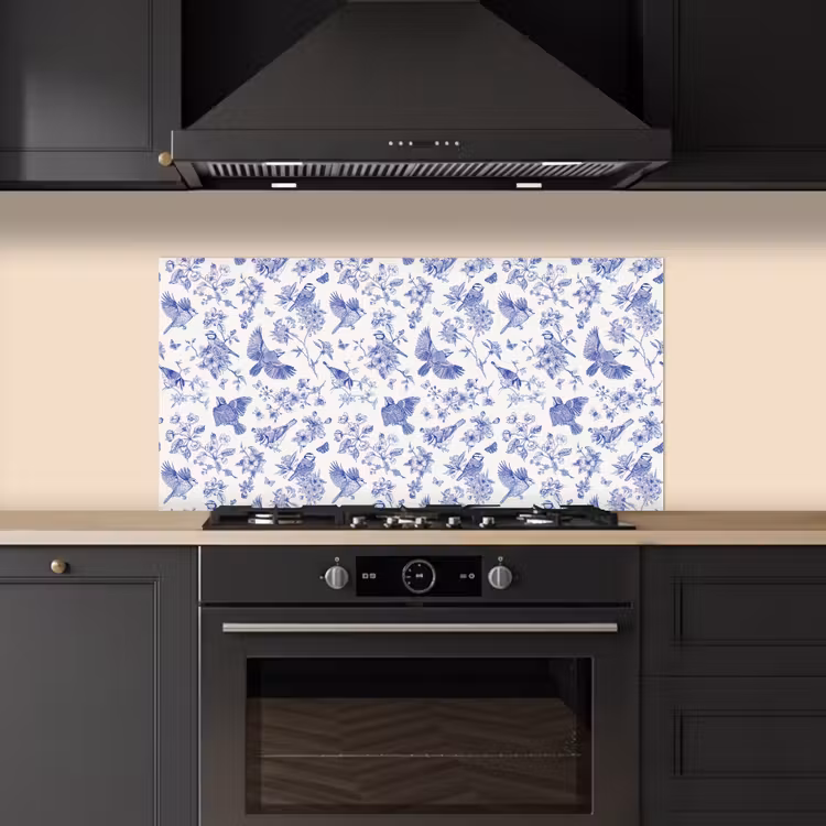 Birds - Flowers - Blue keuken achterwand spatscherm middel 899 -sfeer1