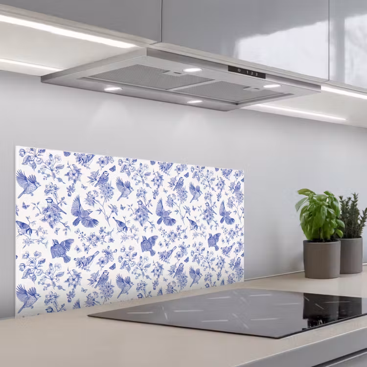 Birds - Flowers - Blue keuken achterwand spatscherm middel 899 -3d_schuin