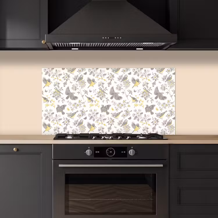 Birds - Flowers - Gray - Yellow keuken achterwand spatscherm middel 899 -sfeer1