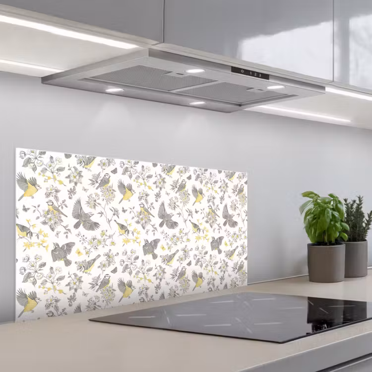 Birds - Flowers - Gray - Yellow keuken achterwand spatscherm middel 899 -3d_schuin