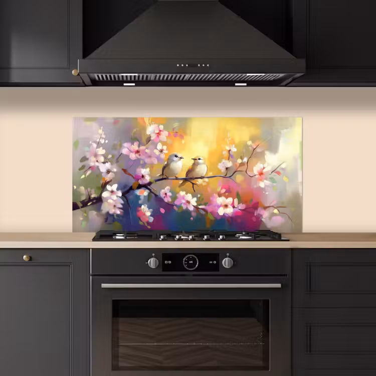 Vogels - Bloemen - Roze keuken achterwand spatscherm middel -sfeer1
