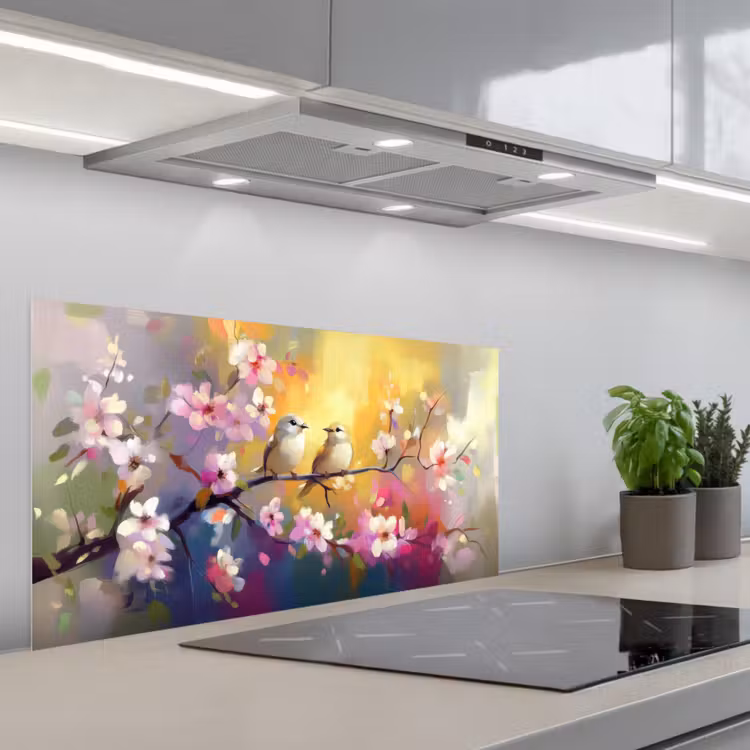 Vogels - Bloemen - Roze keuken achterwand spatscherm middel -3d_schuin