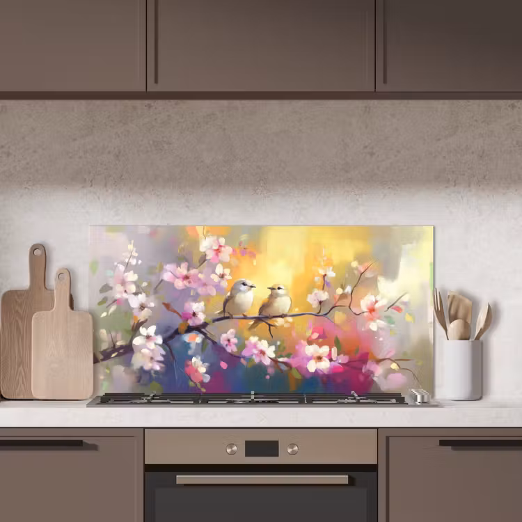 Vogels - Bloemen - Roze keuken achterwand spatscherm middel -sfeer2