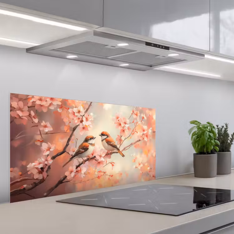Vogels - Romantic - Bloesemtak keuken achterwand spatscherm middel -3d_schuin