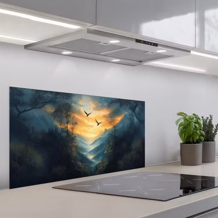 Vogels - Zon - Bomen - Groen keuken achterwand spatscherm middel -3d_schuin