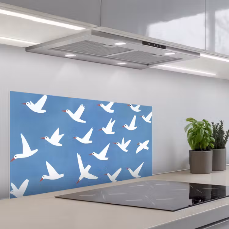 Vogels - Wit - Patroon keuken achterwand spatscherm middel -3d_schuin