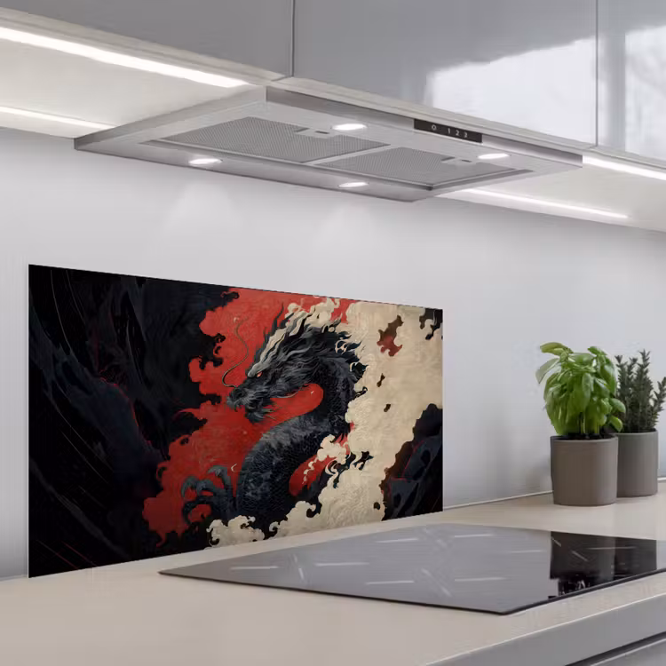 Zwarte draak - Rookwolken - Rood keuken achterwand spatscherm middel -3d_schuin