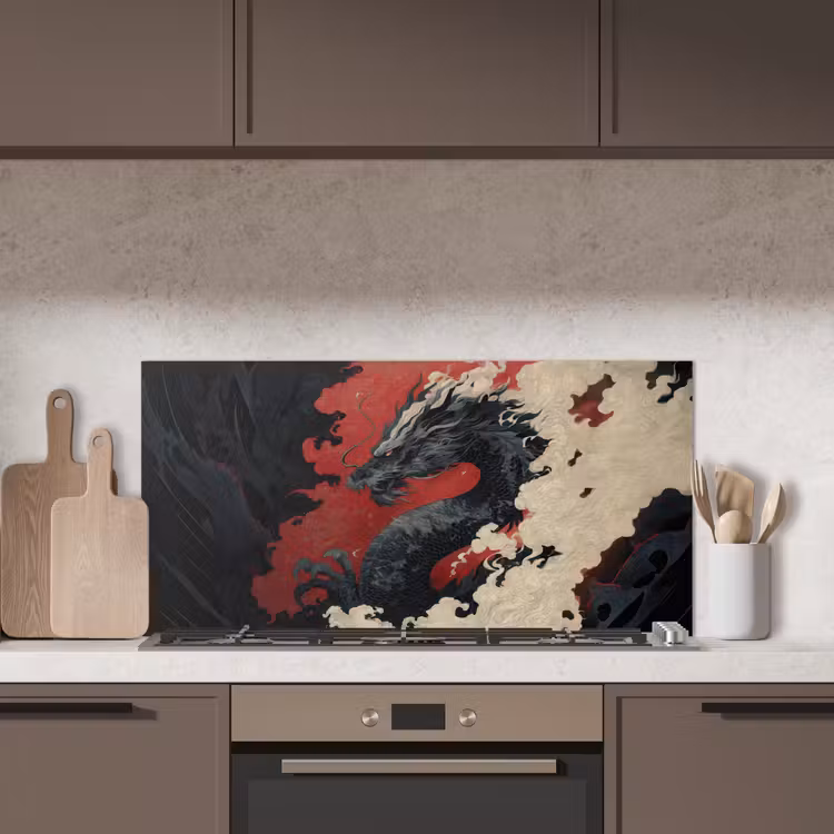 Zwarte draak - Rookwolken - Rood keuken achterwand spatscherm middel -sfeer2