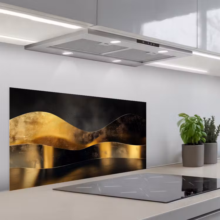 Zwart - Goud - Golven - Schaduw keuken achterwand spatscherm middel -3d_schuin