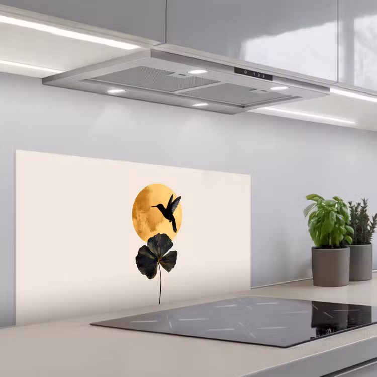 Zwarte kolibrie - Bloem - Gouden cirkel keuken achterwand spatscherm middel -3d_schuin