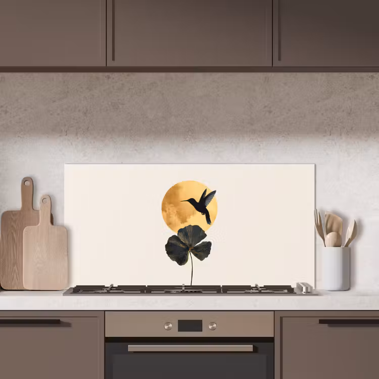 Zwarte kolibrie - Bloem - Gouden cirkel keuken achterwand spatscherm middel -sfeer2