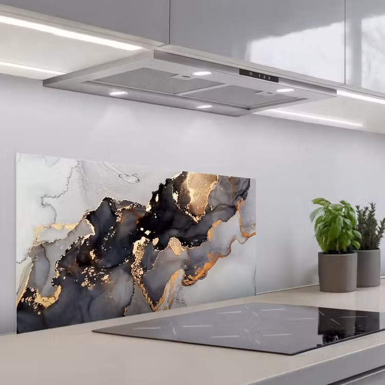 Zwart - Marmer - Luxe - Goud keuken achterwand spatscherm middel -3d_schuin