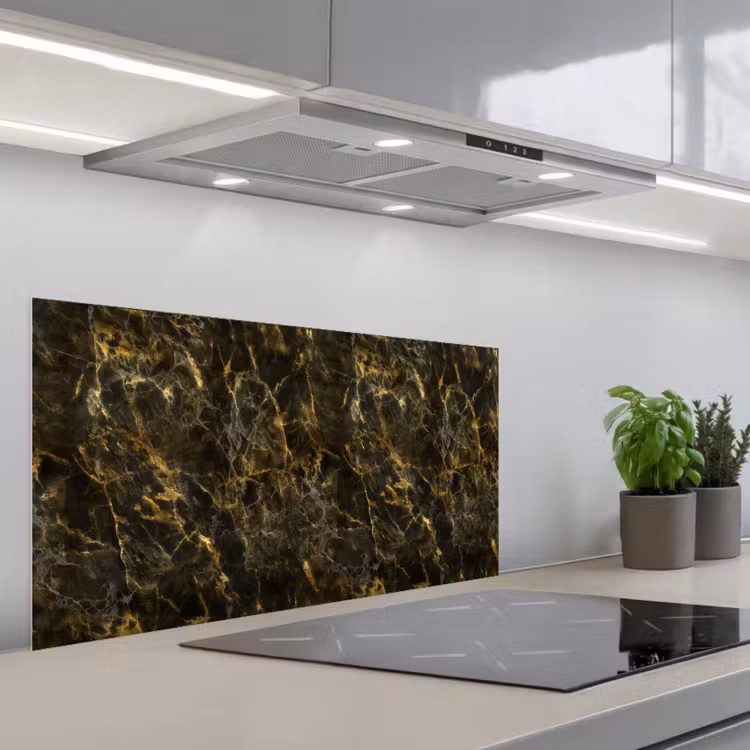 Zwart - Marmer - Goud keuken achterwand spatscherm middel 899 -3d_schuin