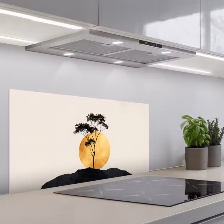 Zwarte boom - Gouden cirkel - Heuvel keuken achterwand spatscherm middel -3d_schuin