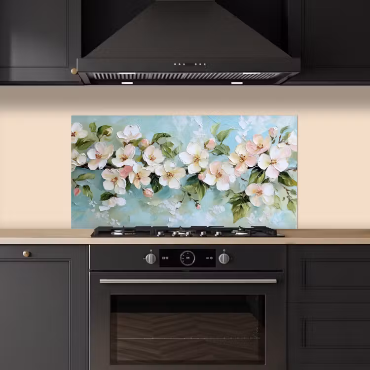 Bloesem - Bladeren - Lichtblauw keuken achterwand spatscherm middel -sfeer1